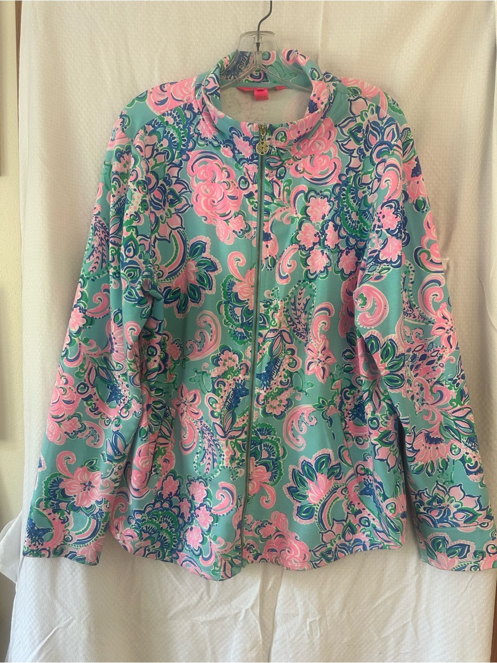 Lilly Pulitzer Leona Zip Up Jacket Jungle Sunrise Teal Pink UPF 50+ XL